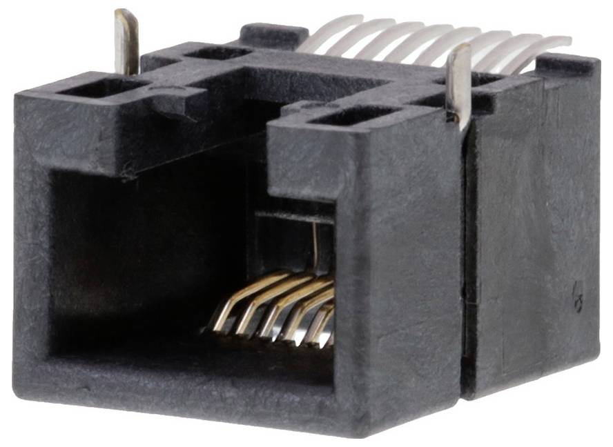 'Zbliżenie czarnego złącza Ethernet, pokazujące złote metalowe styki wewnątrz i białe przewody na górze, używane do podłączenia kabli sieciowych.'