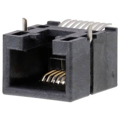 'Zbliżenie czarnego złącza Ethernet, pokazujące złote metalowe styki wewnątrz i białe przewody na górze, używane do podłączenia kabli sieciowych.'