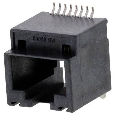 'Gniazdo złącza RJ45 z ośmioma metalowymi kolkami do podłączenia kabla Ethernet', plastikowa obudowa w kolorze czarnym, zwykle używane do sieci komputerowych.
