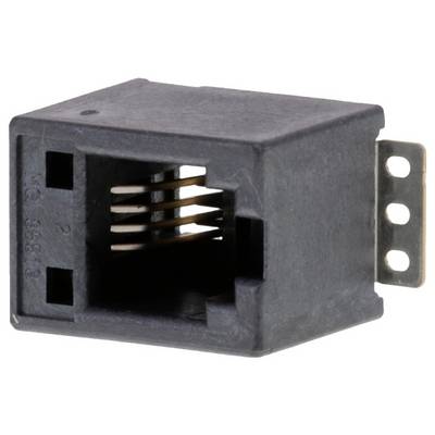 Czarna modularna gniazda RJ45 z bocznym montażem, używana do podłączania kabli sieciowych, pokazująca metalowe kontakty wewnątrz złącza.