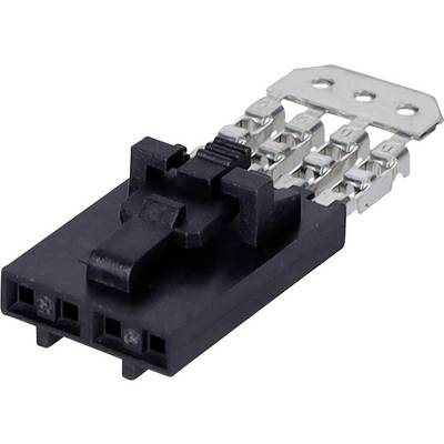 Złącze elektryczne z trzema metalowymi stykami w czarnej plastikowej obudowie, prawdopodobnie stosowane w urządzeniach lub komponentach elektronicznych.