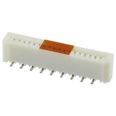 Biały złącznik elektryczny z wieloma bolcami, wyposażony w pomarańczową plastikową zakładkę do bezpiecznego mocowania, stosowany w urządzeniach elektronicznych.