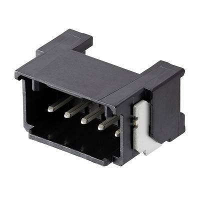Czarny elektryczny złącze z prostokątną obudową i wieloma metalowymi stykami, zamontowany bocznie na płytce drukowanej.