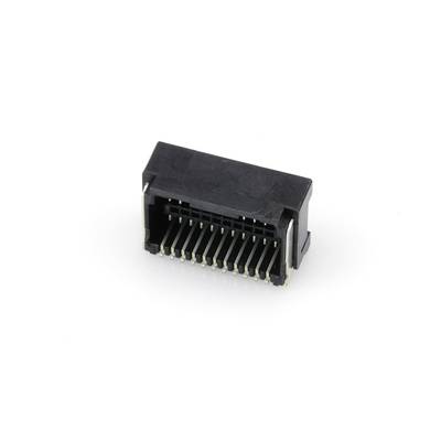 Prostokątny, czarny elektroniczny złącz z wieloma metalowymi stykami, na białym tle.