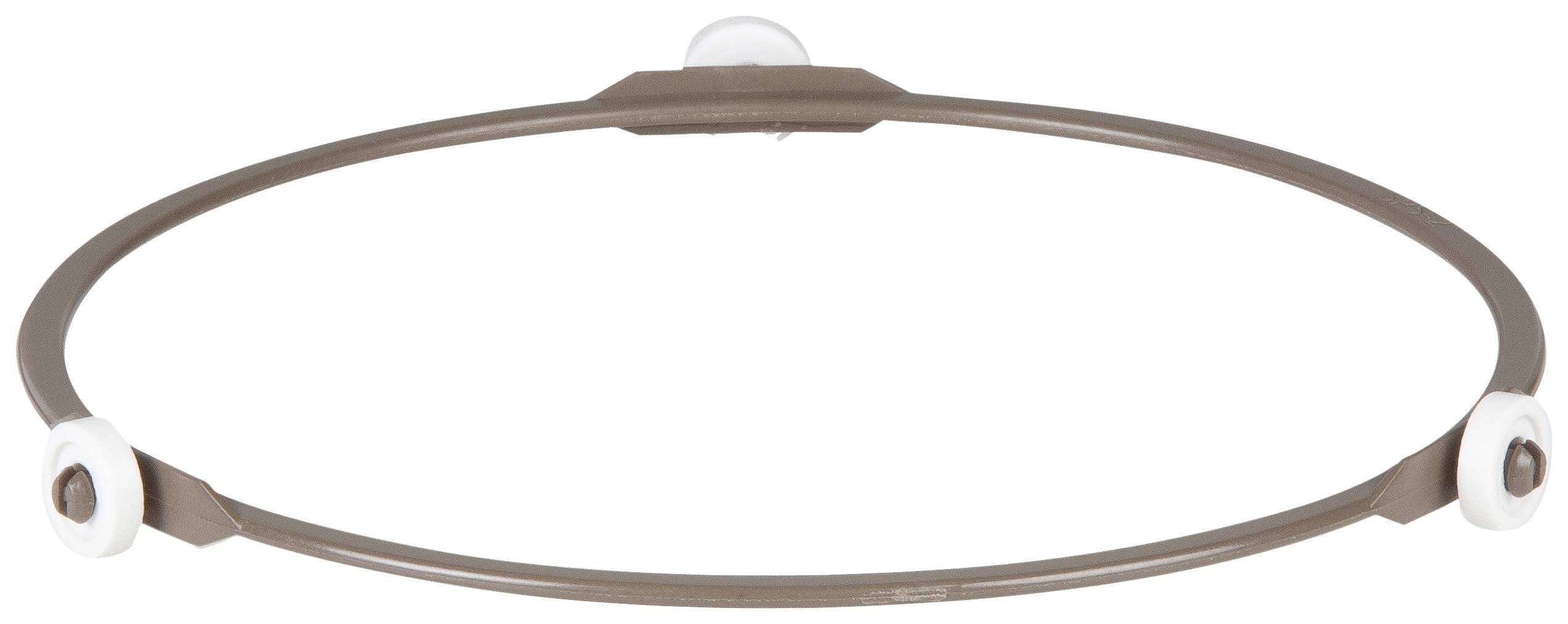 Brązowe, okrągłe koło z trzema przymocowanymi białymi kulkami, prawdopodobnie część zabawki lub sprzętu fitness.