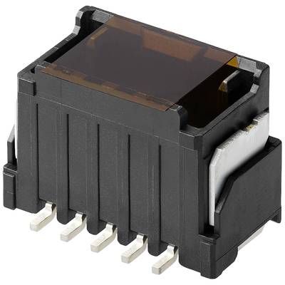 Czarny element elektroniczny z metalowymi stykami i brązową plastikową obudową, charakterystyczny dla złączy elektrycznych.