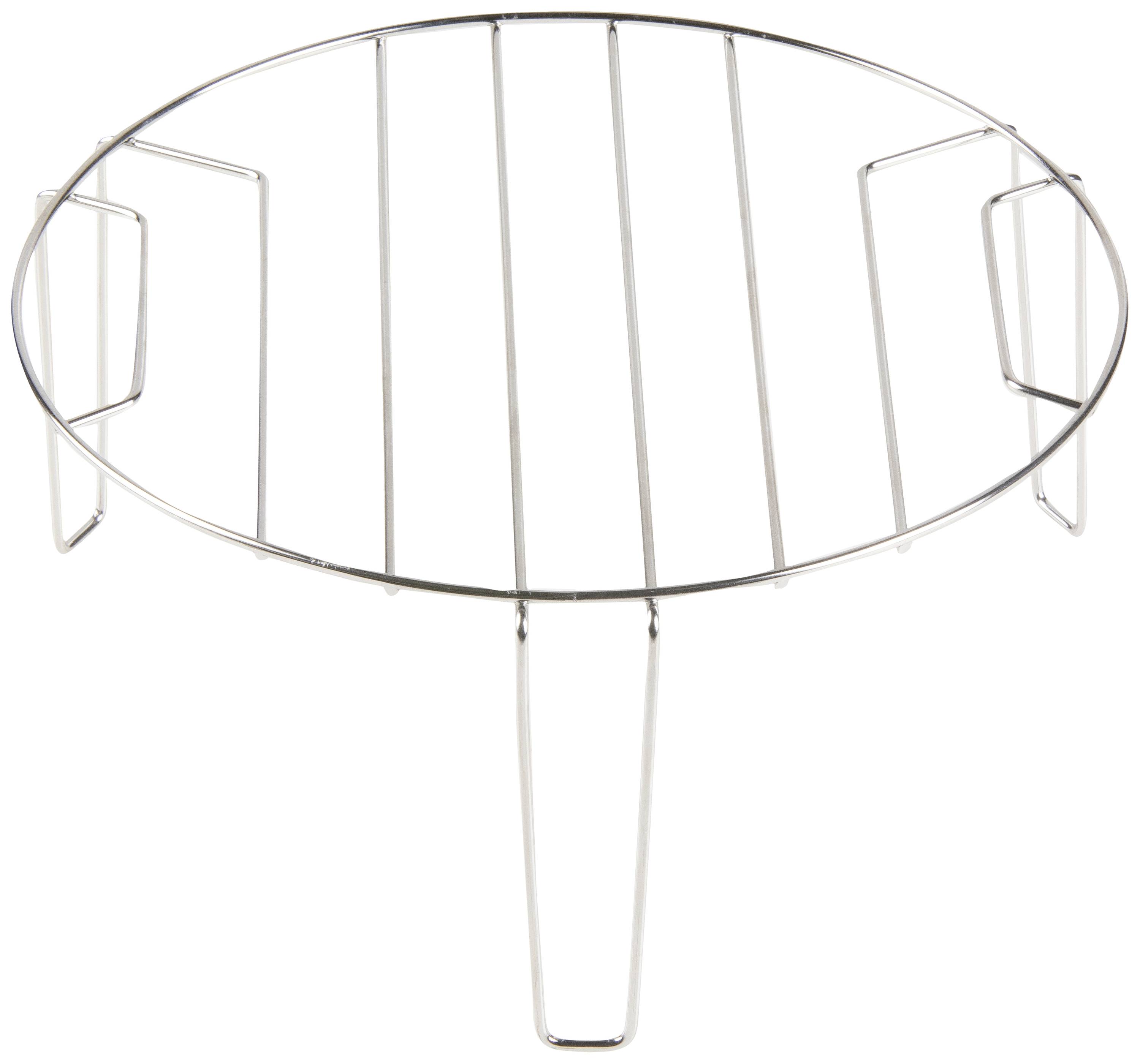 Okrągła metalowa krata ze wspornikami, odpowiednia do stawiania garnków lub patelni podczas chłodzenia lub gotowania na parze potraw.