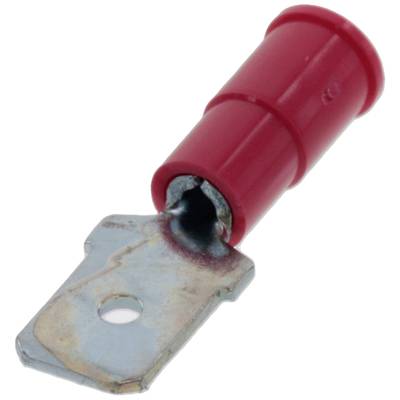Metalowy wtyk z czerwonym plastikowym pokryciem, z punktem lutowniczym pośrodku, służący do łączenia przewodów elektrycznych.