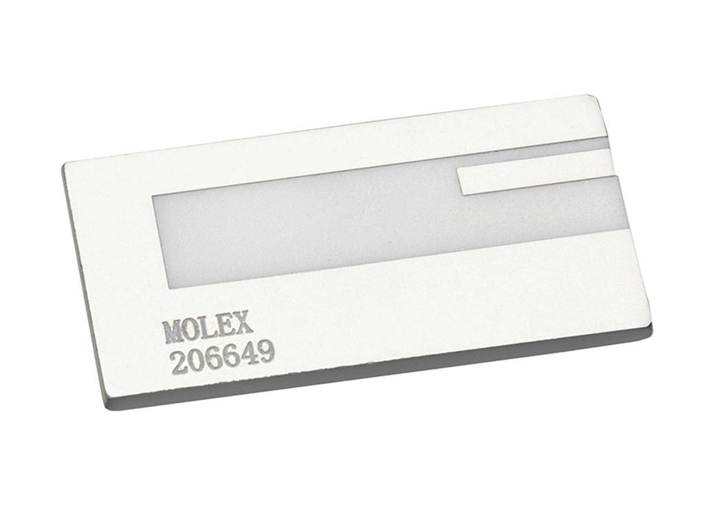 Płaski, prostokątny pasek metalowy z napisem 'Molex 206649'.
