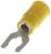 Żółty izolowany końcówka kablowa w kształcie litery U, stosowana typowo do połączeń elektrycznych.