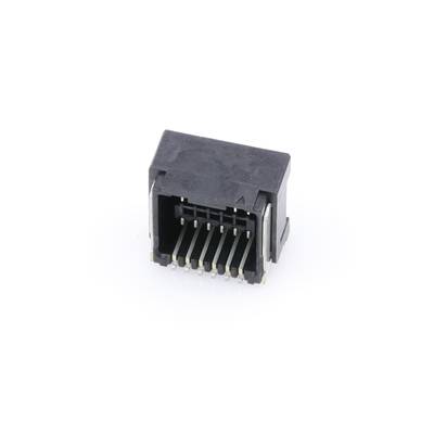 Czarny złącze RJ45 Ethernet z metalowymi stykami, używane do połączeń sieciowych w komputerach i urządzeniach technicznych.