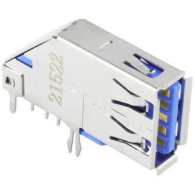 Srebrny port USB z niebieskim wnętrzem i wieloma metalowymi stykami, widziany z boku.