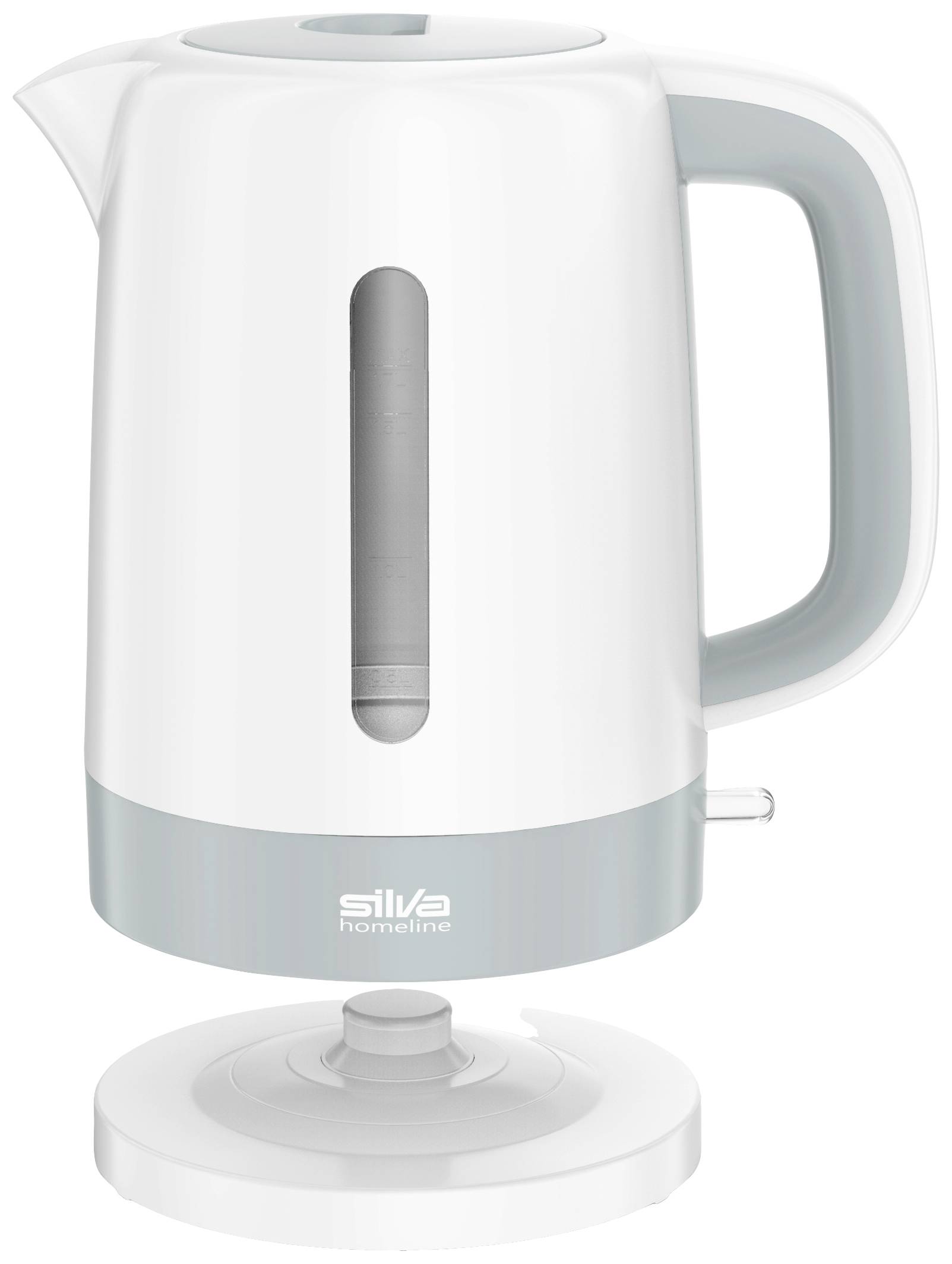 Biały czajnik elektryczny z szarym uchwytem i spodem, stojący na okrągłej podstawie.