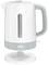Biały czajnik elektryczny z szarym uchwytem i spodem, stojący na okrągłej podstawie.
