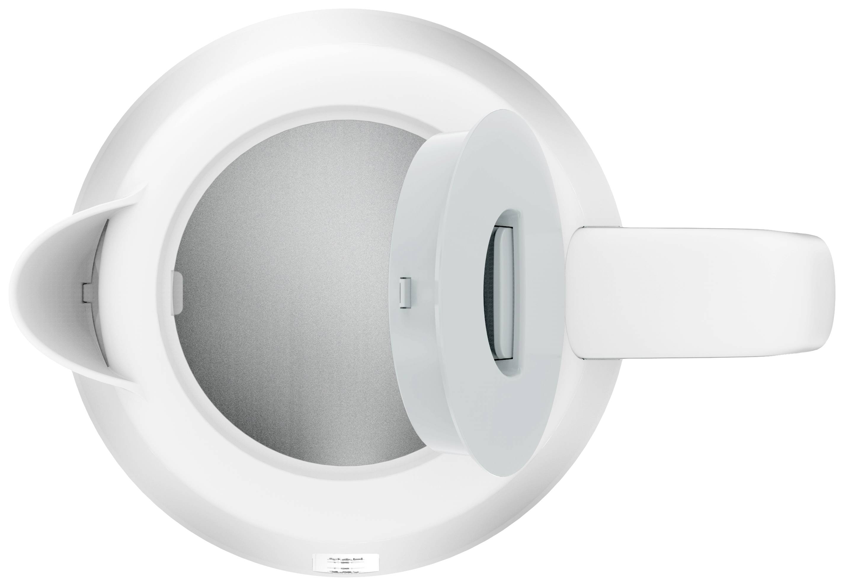 Otwarta biała pralka widziana z góry, z lekko uchyloną klapą, ukazująca wnętrze bębna.