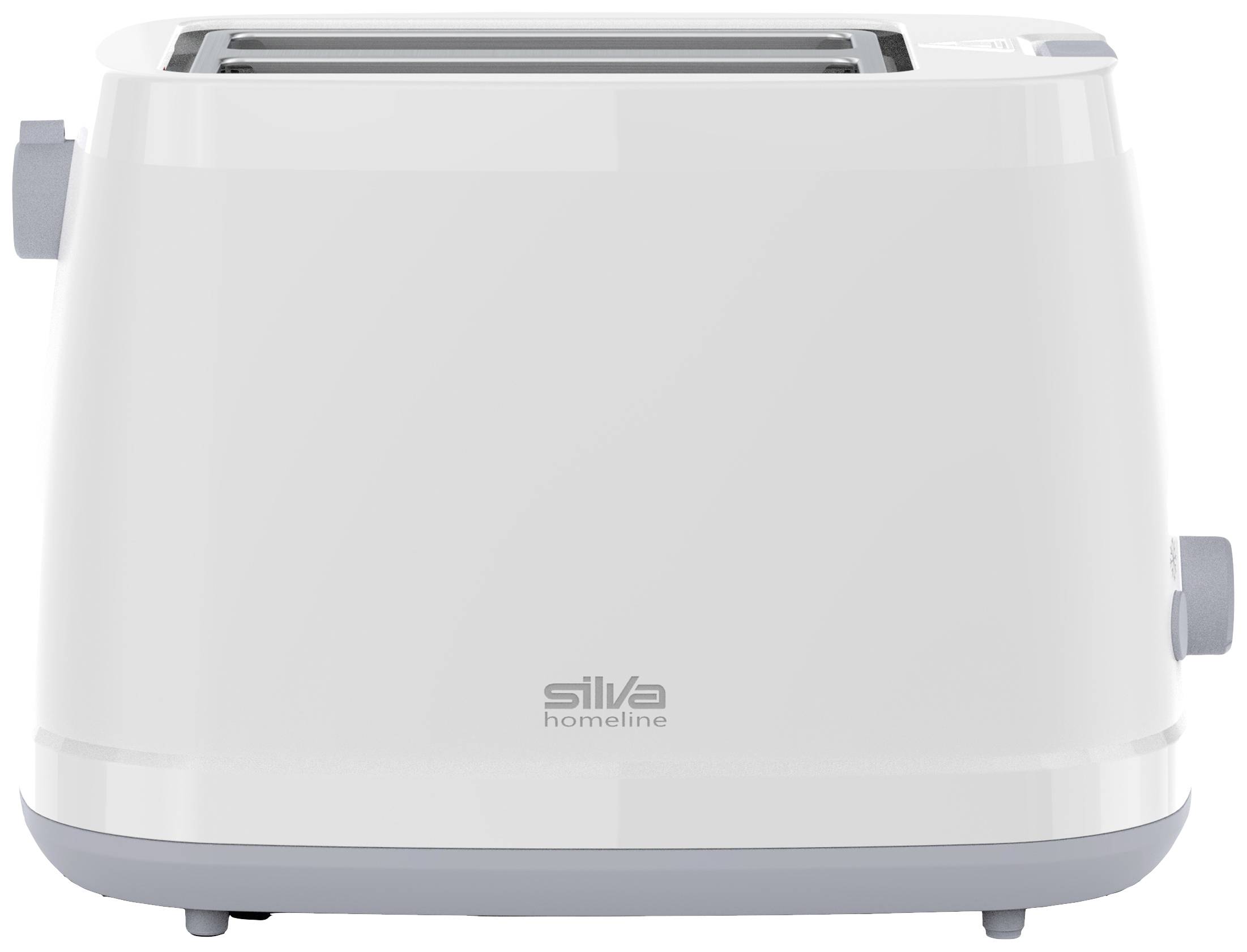 Biały toster z dwoma otworami i regulatorem z boku. Napis 'silva homeline'.
