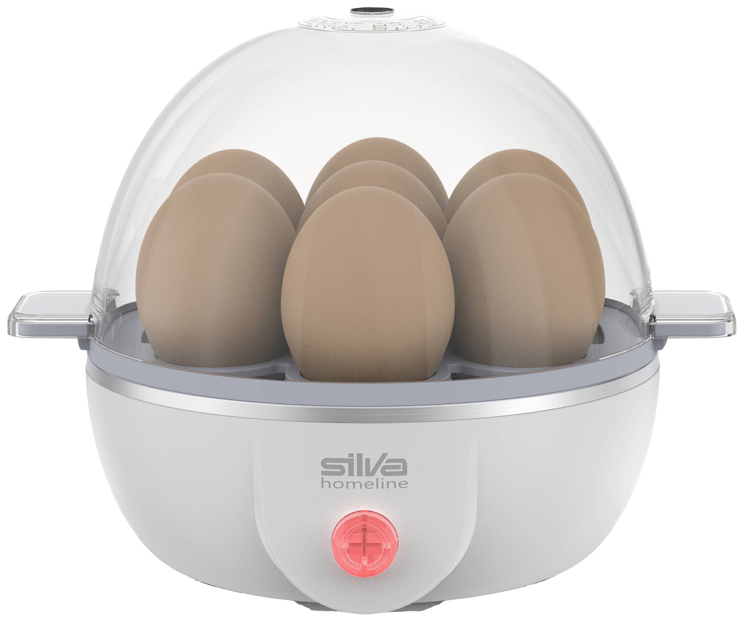 Elektryczny jajowar z przezroczystą pokrywką, mieszczący sześć jaj ustawionych blisko siebie, umieszczony na szarej podstawie.