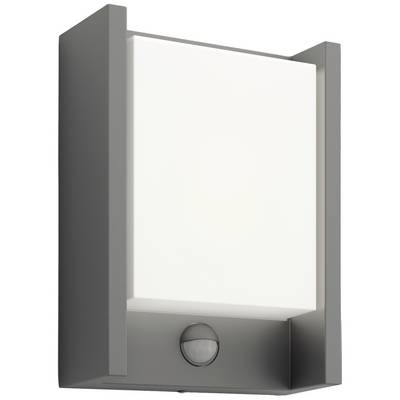 Lampa zewnętrzna o prostokątnym, nowoczesnym designie, w srebrnej obudowie z zintegrowanym czujnikiem ruchu.