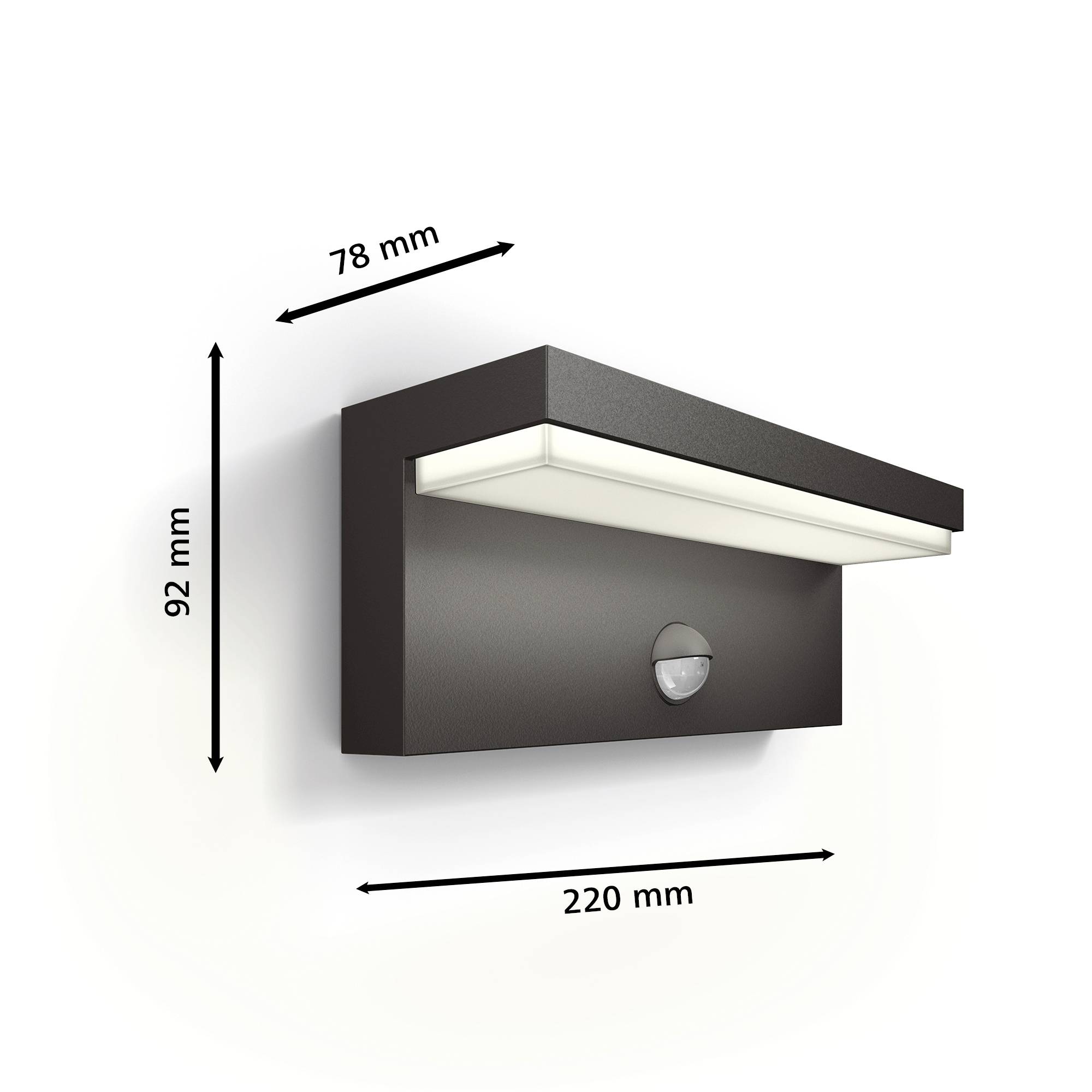 Czarna lampa LED do użytku zewnętrznego z wbudowanym czujnikiem ruchu, o prostokątnym kształcie. Wymiary: 220 mm (szerokość) x 92 mm (wysokość) x 78 mm (głębokość).