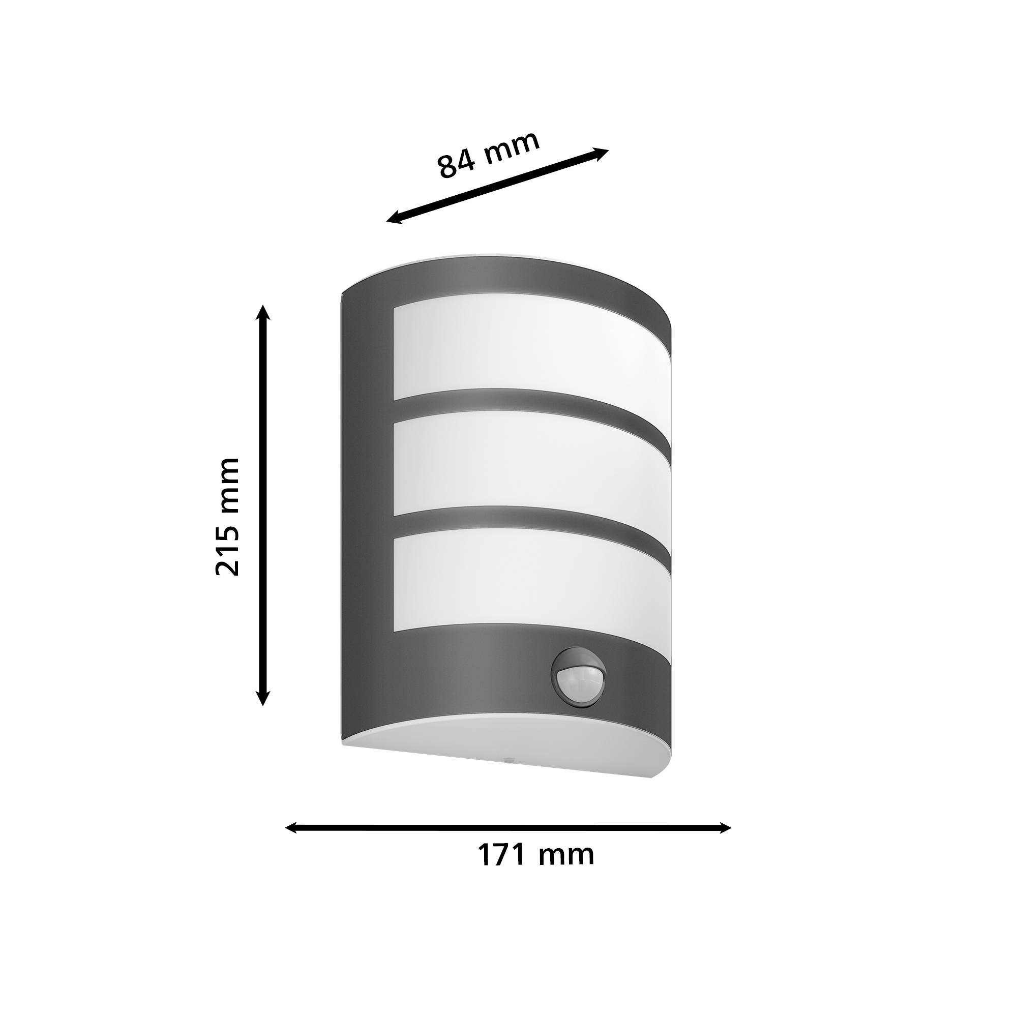 Kinkiet z czujnikiem ruchu, wymiary: 215 mm wysokości, 171 mm szerokości, 84 mm głębokości. Nowoczesny, czarny uchwyt z białymi panelami świetlnymi.