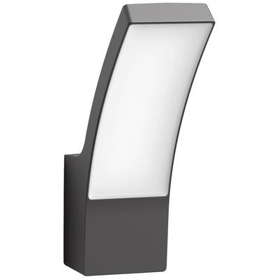 Nowoczesna, zakrzywiona lampa ścienna na zewnątrz w ciemnoszarym kolorze z białym, mlecznym dyfuzorem, idealna do stylowego oświetlenia ogrodu lub elewacji budynku.