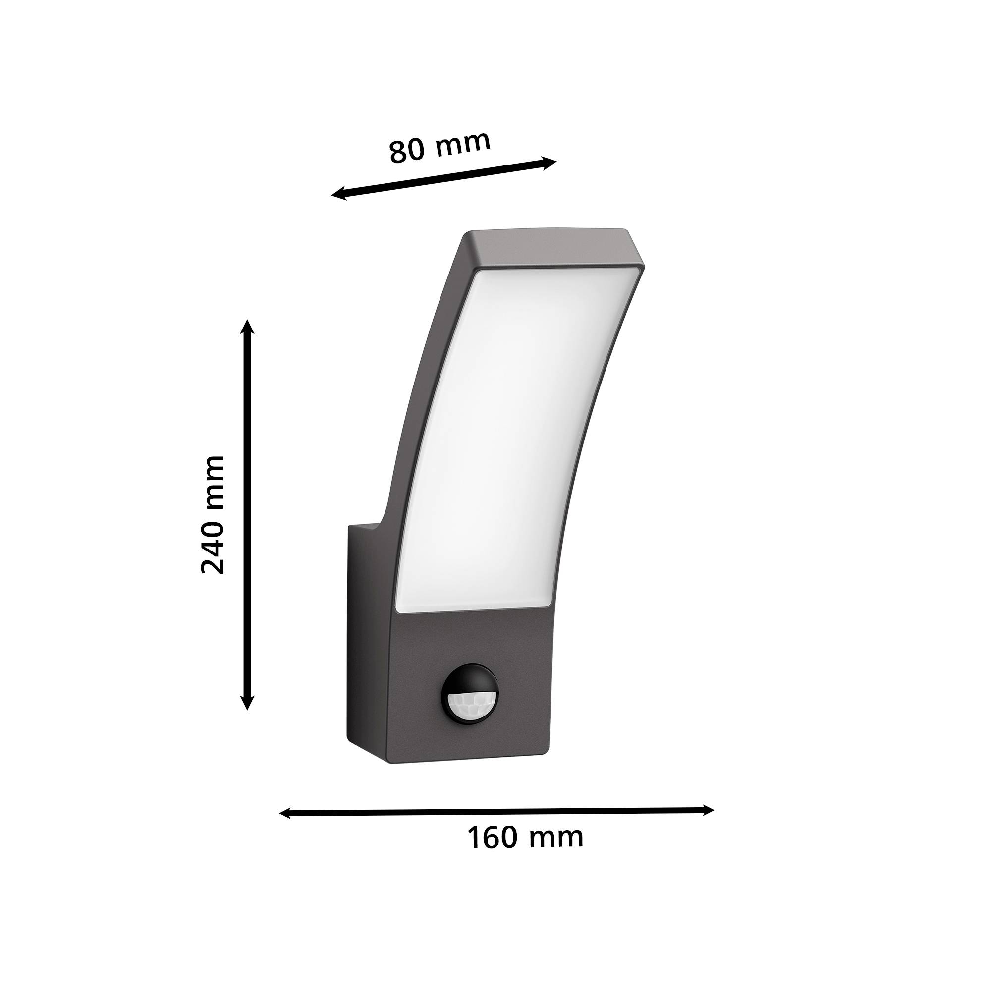Kinkiet z czujnikiem ruchu, o falistym kształcie, wymiary: 240 mm wysokości, 160 mm szerokości, 80 mm głębokości.