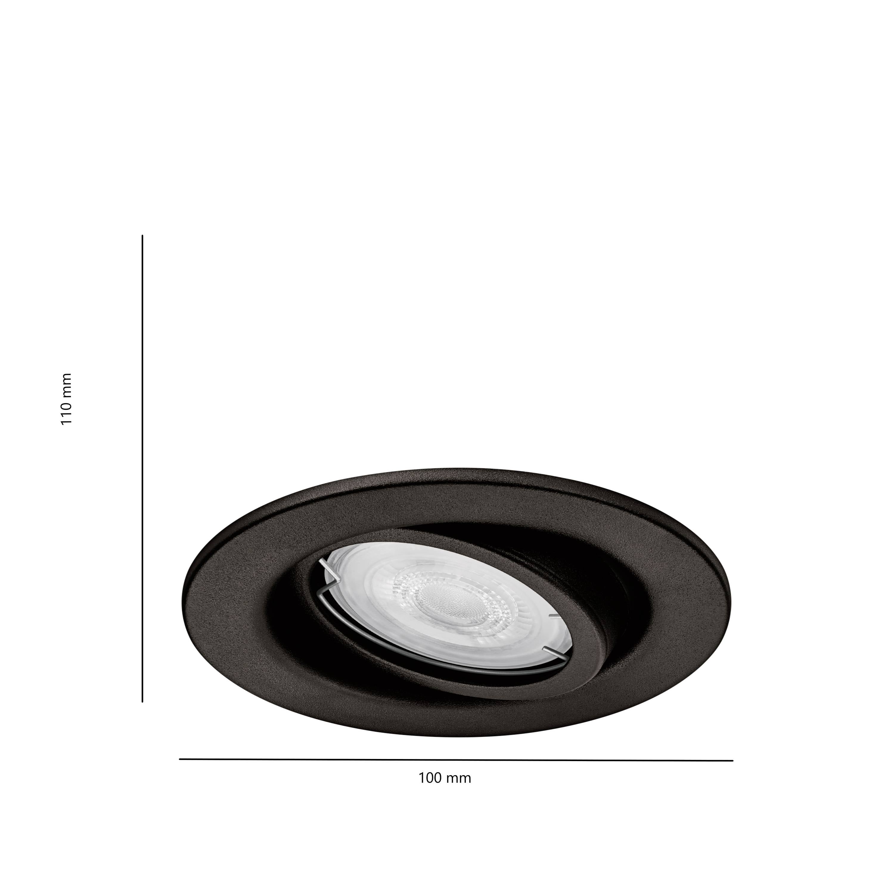 Okrągły, czarny downlight o średnicy 100 mm i głębokości 110 mm, wyśrodkowany na białym tle.