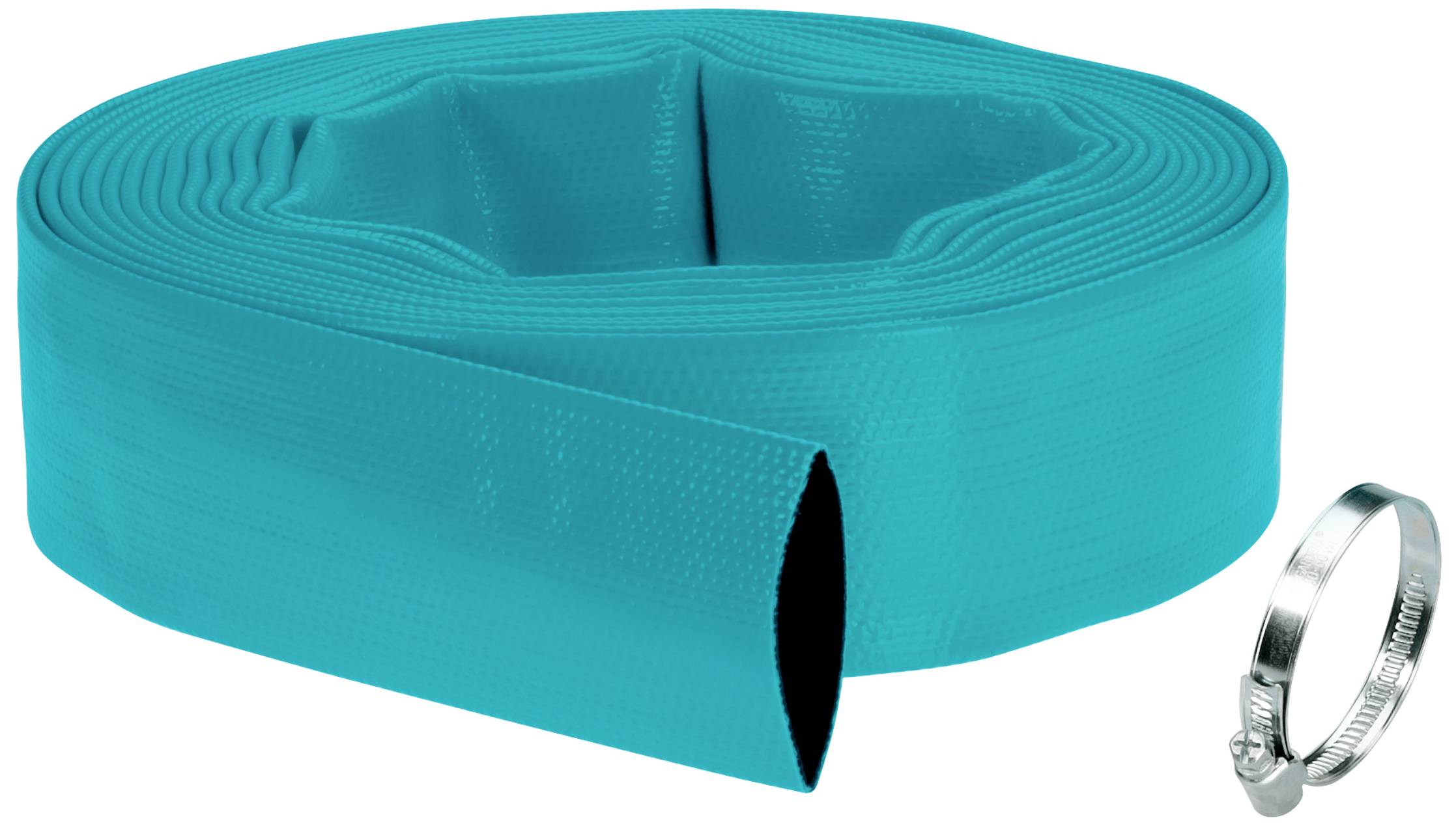Niebieski płaski wąż z metalowym zaciskiem do mocowania. Idealny do elastycznej instalacji wodnej.