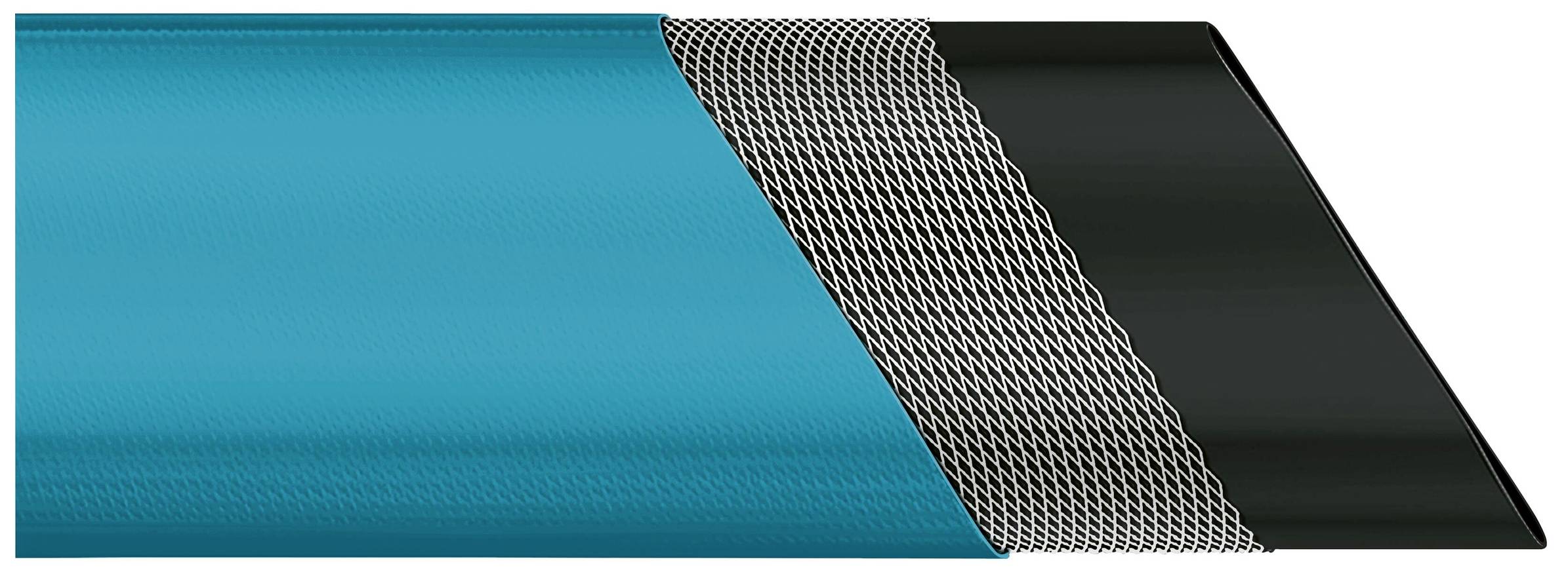 Fragment niebieskiego węża przemysłowego lub ogrodowego jest przedstawiony, a jego wewnętrzna struktura składająca się z kilku warstw jest widoczna.