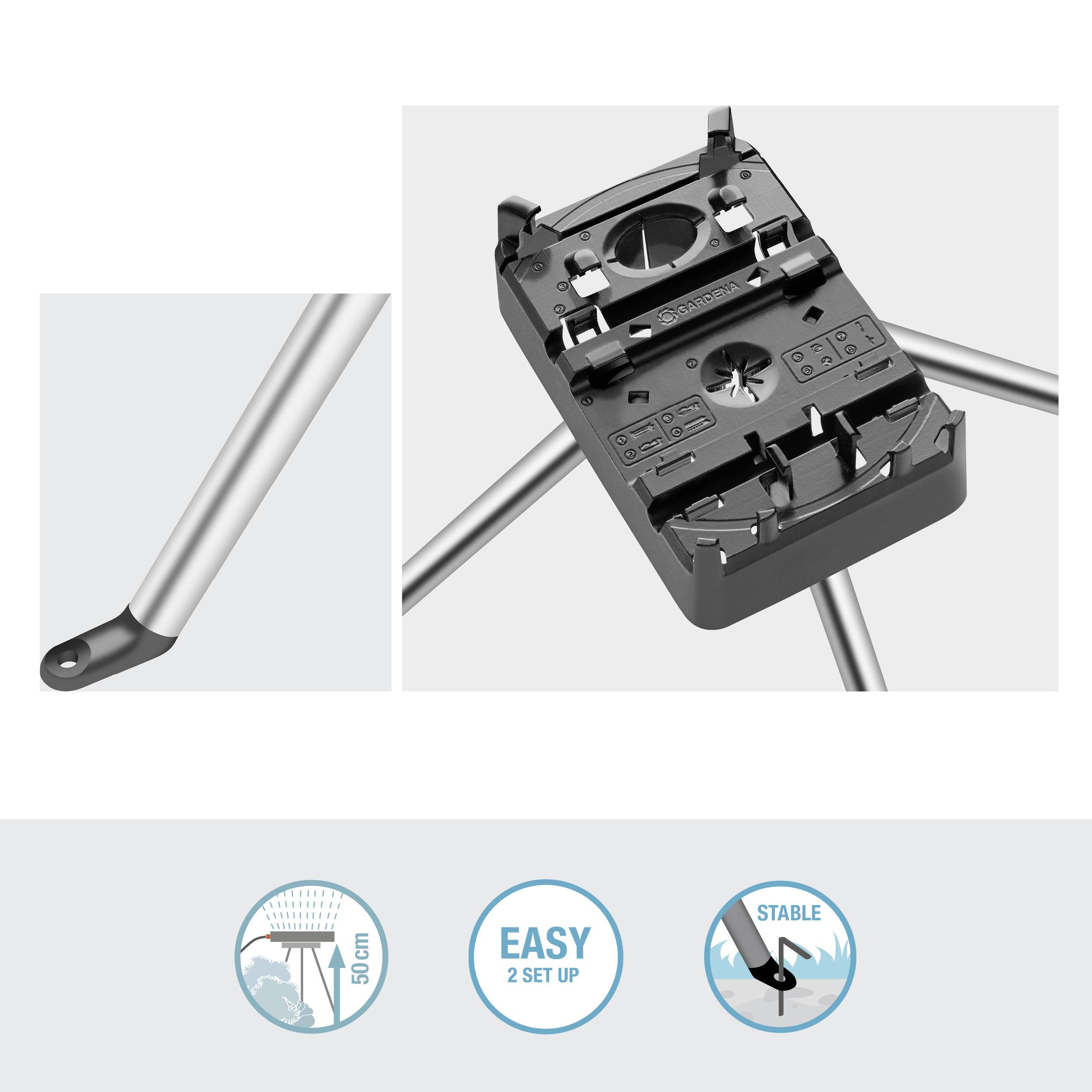 Instrukcja montażu statywu: Główna płyta z wymiarami i funkcjami, noga z nakładką ochronną, symbole łatwego montażu, stabilności oraz wysokości 150 cm.