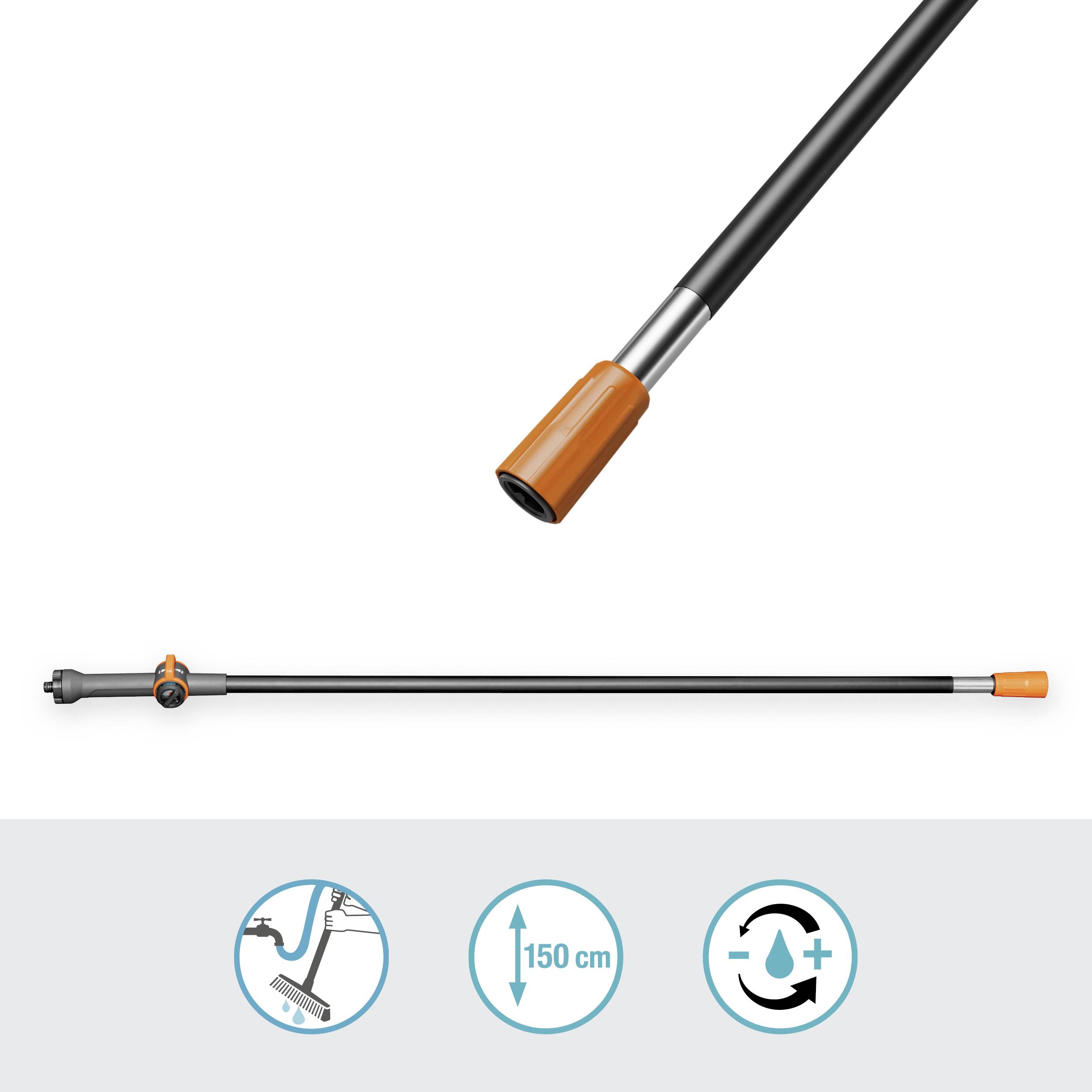 Długi czarny kij z pomarańczowym zakończeniem, przydatny do przedłużania różnych urządzeń. Piktogramy ilustrują możliwości zastosowania.