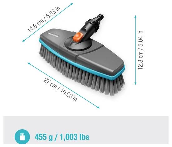 Szczotka czyszcząca w kolorze szarym i turkusowym z pomarańczowym przyciskiem, przedstawiona z wymiarami: 27 cm x 14,8 cm x 12,8 cm. Waga: 455 g.