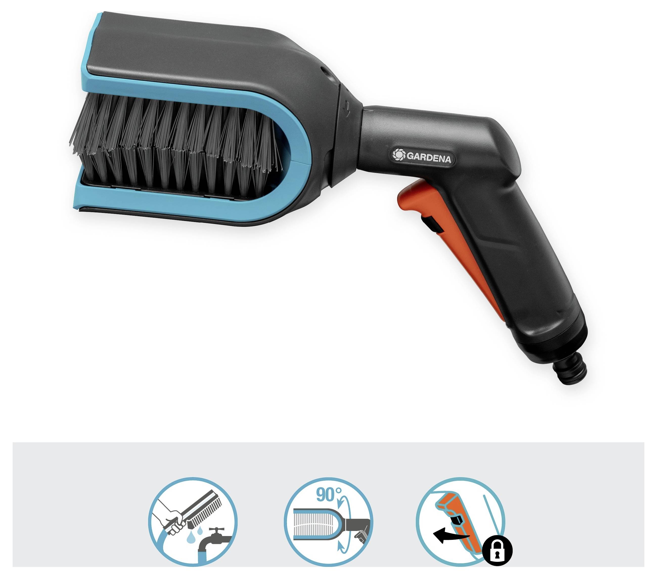 Ręczne narzędzie pędzla z kontrolą przepływu wody, wyposażone w głowicę pędzla czyszczącego w kolorze czarnym i niebieskim. Ikony poniżej pokazują jego regulowany uchwyt i mechanizm blokujący.