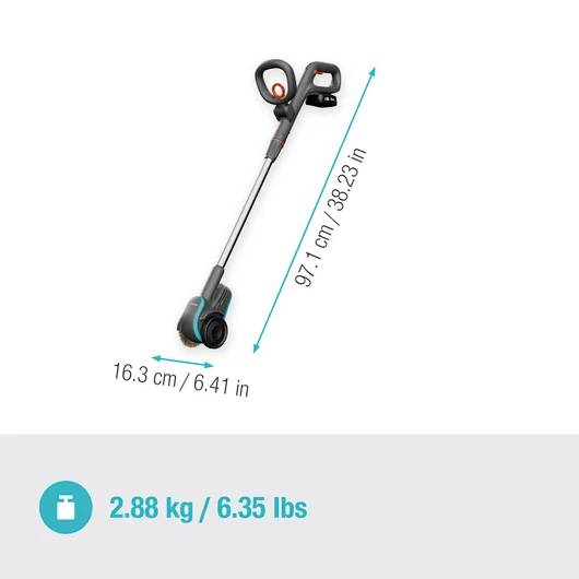 Elektryczny przycinacz krawędzi trawnika z teleskopową rączką. Wymiary: długość 97,1 cm, szerokość 16,3 cm. Waga: 2,88 kg.