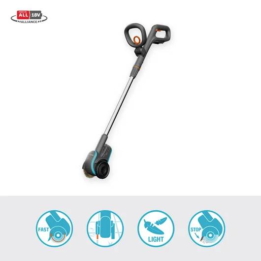 Elektryczne narzędzie ogrodowe z długą rączką i okrągłą główką. Symbole poniżej przedstawiają funkcje: szybkie użycie, łatwą obsługę, prosty stop.