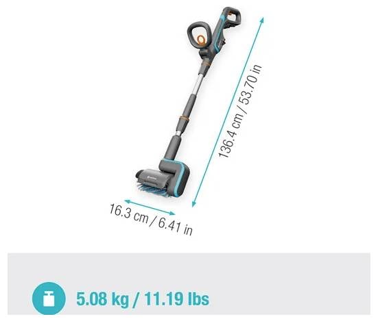 Odkurzacz pionowy o wymiarach 16,3 cm (6,41 cala) × 136,4 cm (53,70 cala), wadze 5,08 kg (11,19 funta).