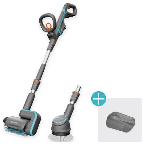 Zestaw narzędzi czyszczących z wysuwaną rączką i dwoma końcówkami szczotkowymi, jedną dużą i jedną małą. Osobno przedstawiony jest uchwyt montażowy ze znakiem plus.