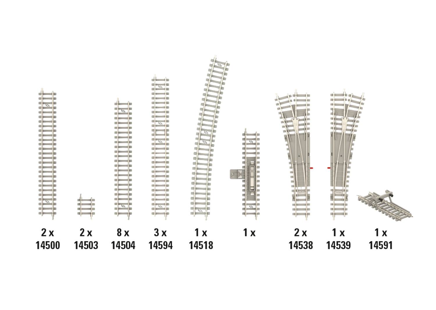 Różne tory kolejowe dla modeli pociągów są ułożone. Poniżej wypisane są ich ilości i numery modeli od lewej do prawej strony.