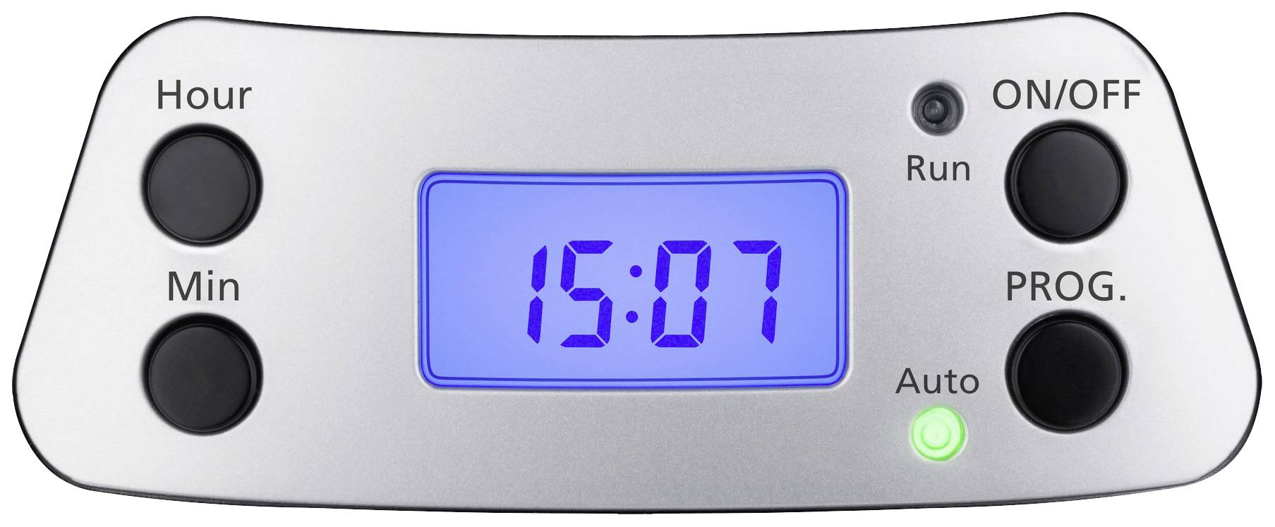 Cyfrowy timer z niebieskim wyświetlaczem pokazuje '15:07'. Przyciski: 'Godzina', 'Minuta', 'WŁ./WYŁ.', 'PROG.', 'Auto/Run'. Kontrolka aktywna.