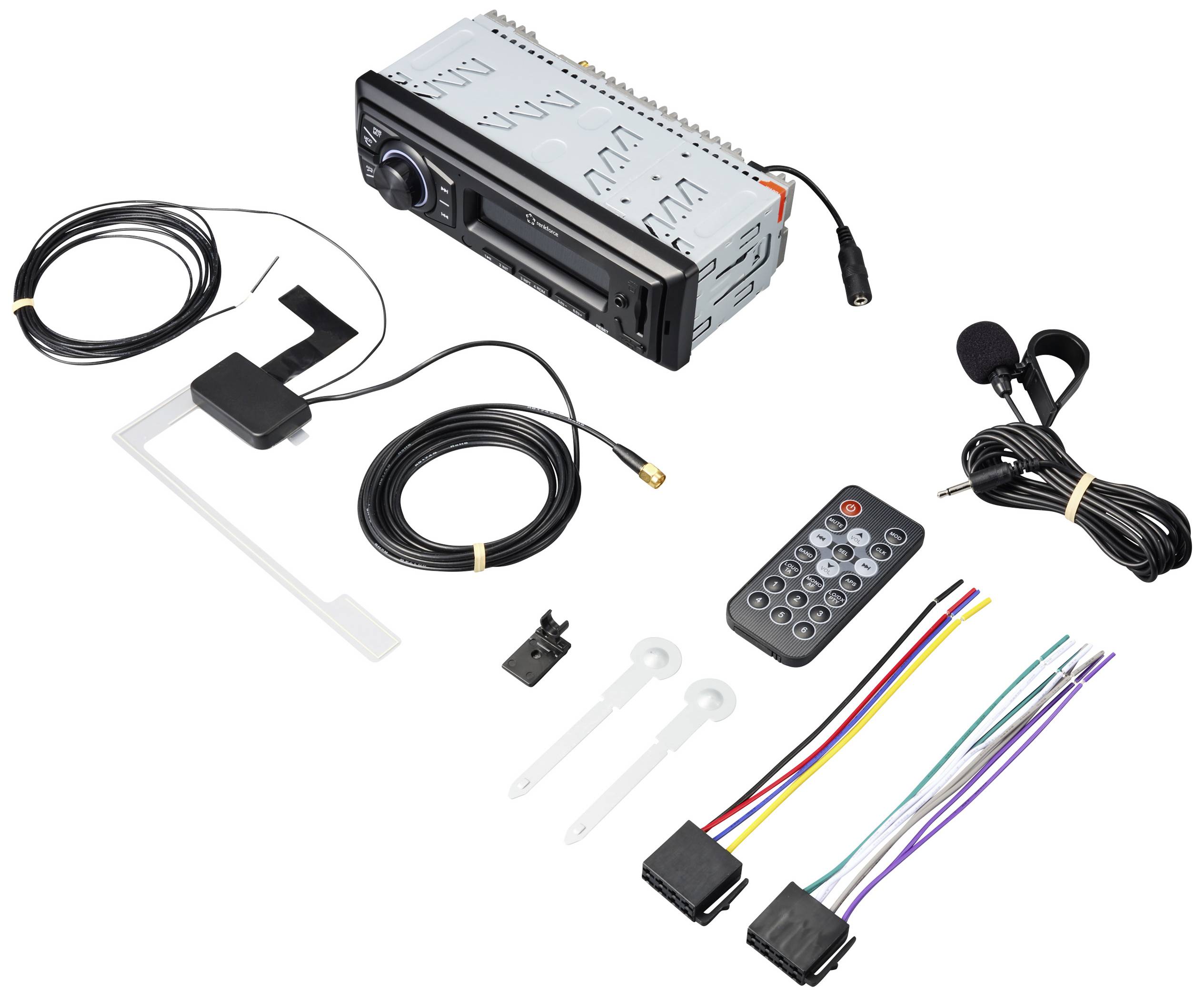 System rozrywki samochodowej z akcesoriami: przewody, pilot, mikrofon i elementy montażowe. Urządzenie główne w centrum uwagi z opcjami podłączenia.
