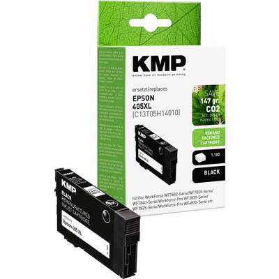 'Wkład atramentowy Epson 405XL w kolorze czarnym marki KMP, zastępujący C13T05H14010. Opakowanie podkreśla ekologiczny design i oszczędność emisji CO2.'