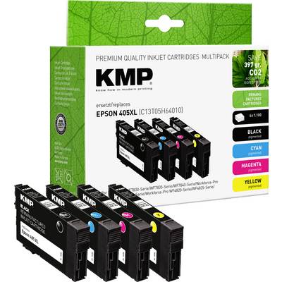 Wielopack naboi atramentowych KMP do drukarki Epson 405XL, zawiera czarny, cyjan, magentę, żółty. Opakowanie podkreśla oszczędność CO2.