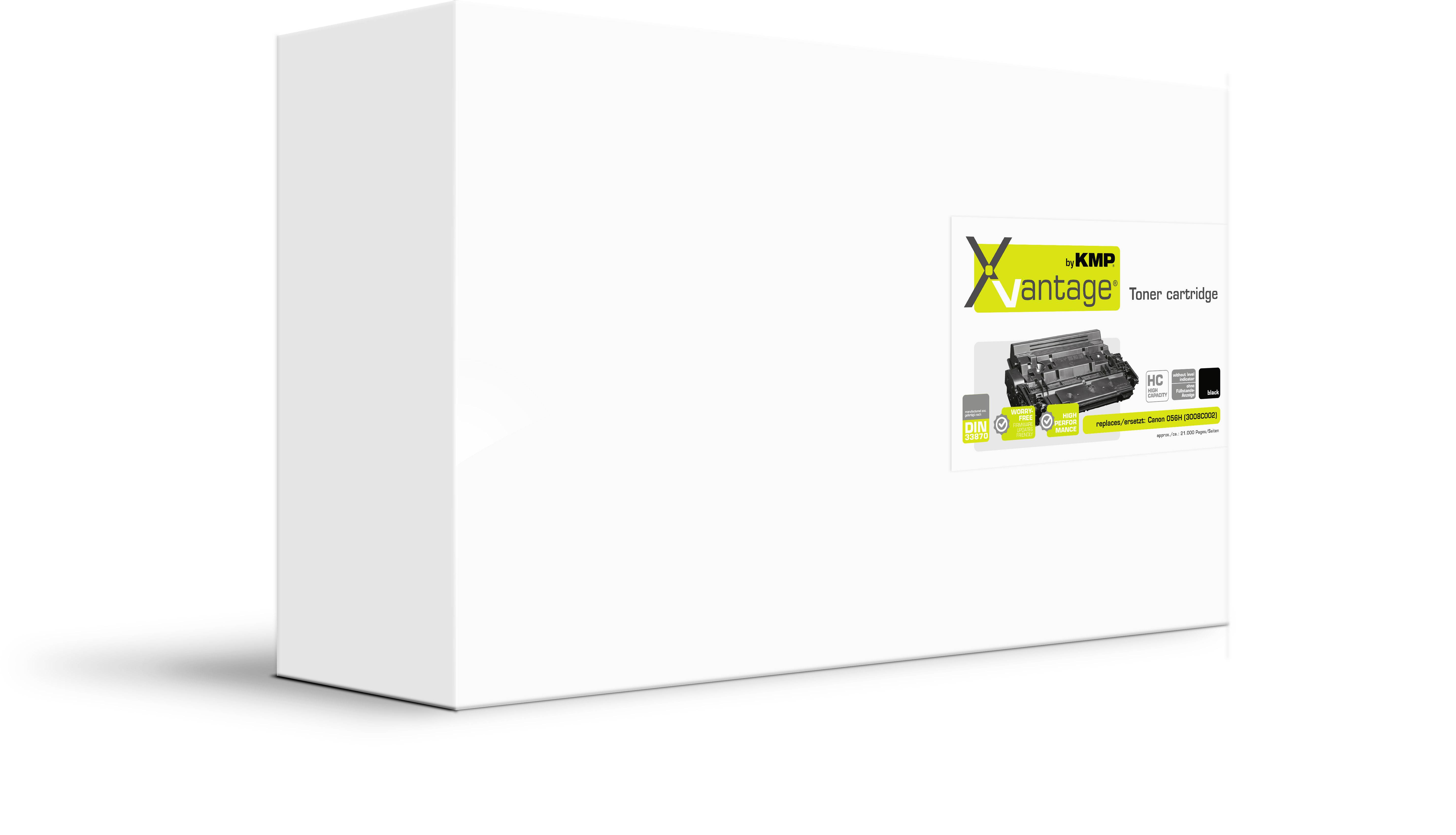 Biała opakowanie z etykietą 'KMP Vantage Toner cartridge'. Etykieta przedstawia obraz tonera i szczegóły produktu.