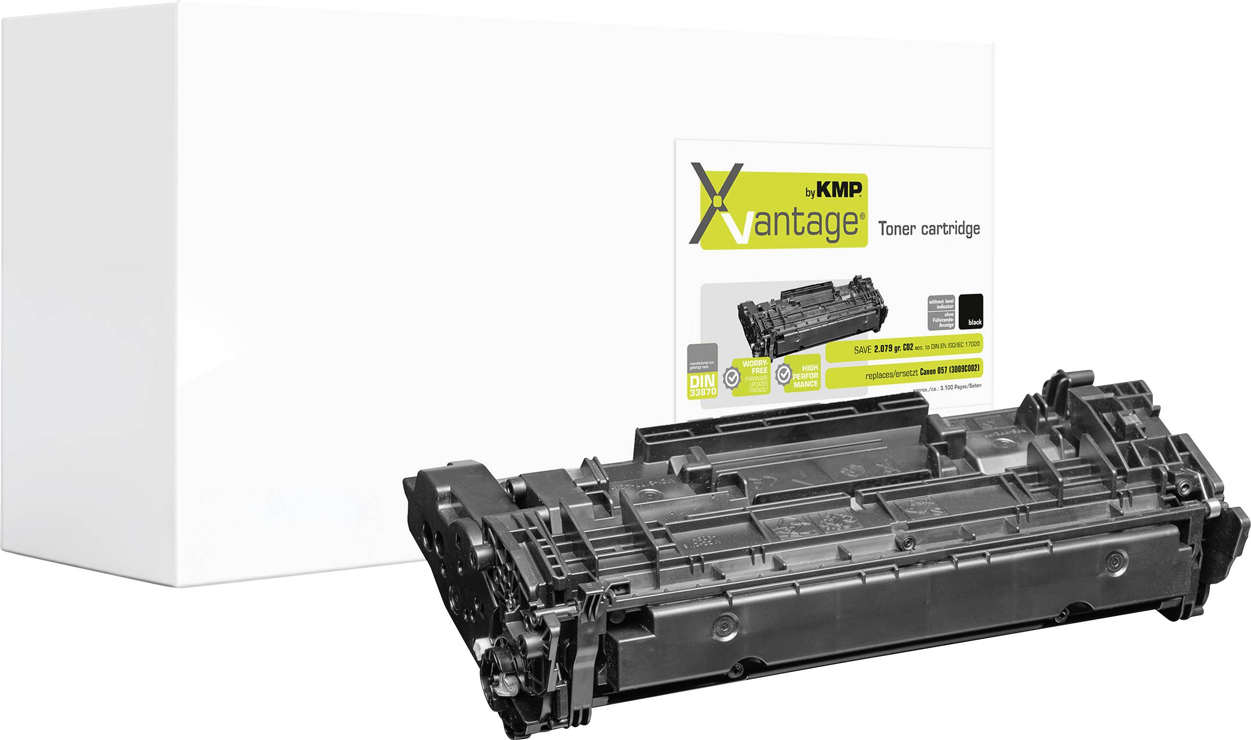 Obraz kartridża tonera KMP Vantage z opisami „Bezpieczne aktualizacje oprogramowania sprzyjające," „Wysoka wydajność" i „bez wskaźnika poziomu."