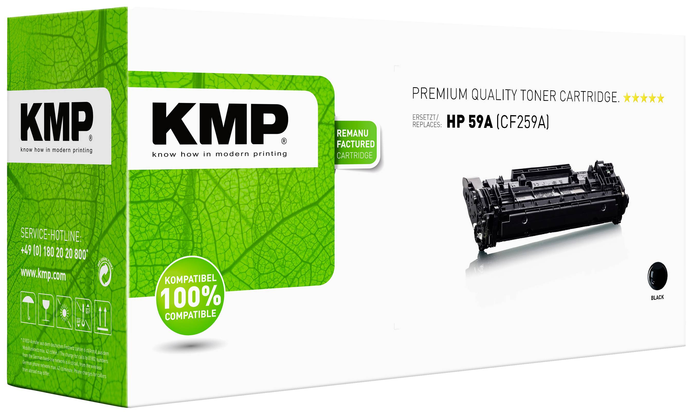 Toner HP 59A firmy KMP. Na opakowaniu widnieje napis 'Toner najwyższej jakości'. Kompatybilny z drukarkami HP, kolor czarny.
