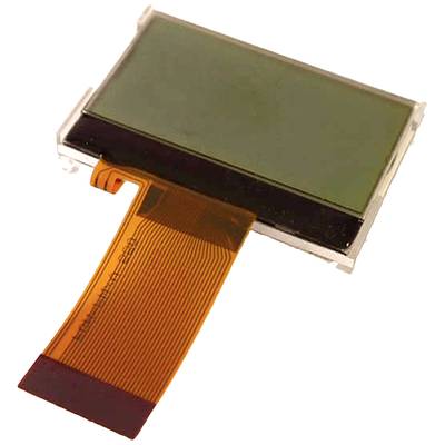 Mały wyświetlacz LCD z elastycznym, pomarańczowym przewodem taśmowym do podłączenia do urządzeń elektronicznych.
