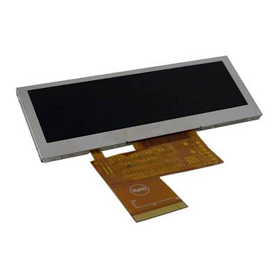 Prostokątny wyświetlacz LCD z taśmą przyłączeniową poniżej, na białym tle. Główna cecha: ekran i kabel połączeniowy.