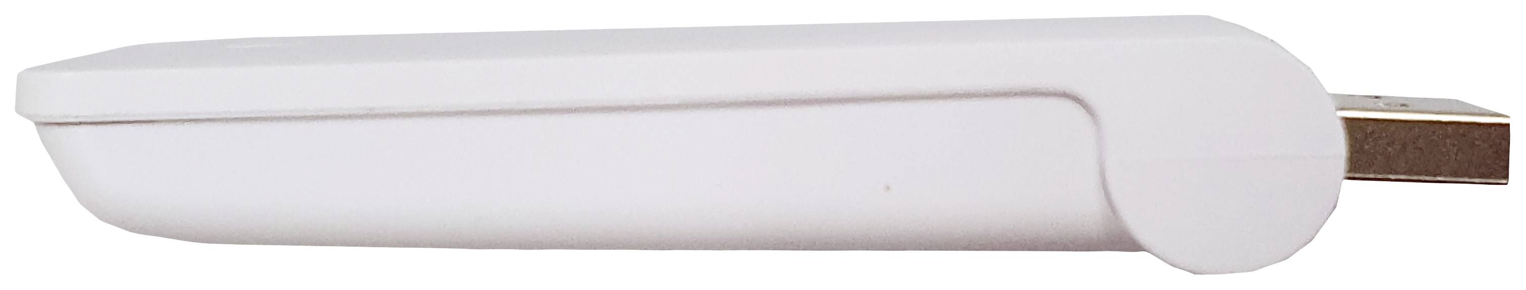 Biały pendrive przedstawiony z boku; widoczne złącze USB po prawej stronie.