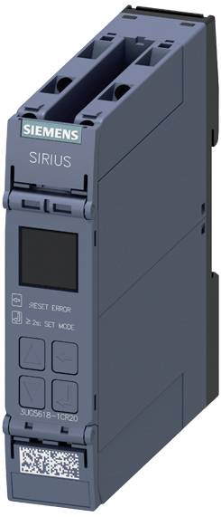 Urządzenie Siemens Sirius do sterowania przemysłowego, ustawione pionowo. Przednia strona prezentuje przyciski i wyświetlacz do obsługi funkcji sterujących.