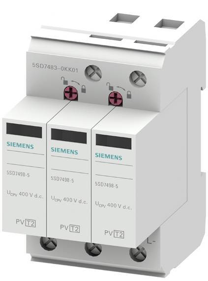Trójbiegunowe zabezpieczenie przeciwprzepięciowe firmy Siemens, model SSD7498-5, przeznaczone dla instalacji fotowoltaicznych do 400 V DC.